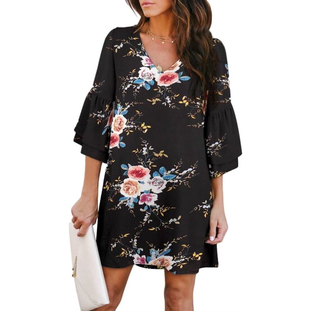 Black‎ Fall Floral Print V-Neck Bell Sleeve Shift Mini Dress Size 2XL 16 18 Plus